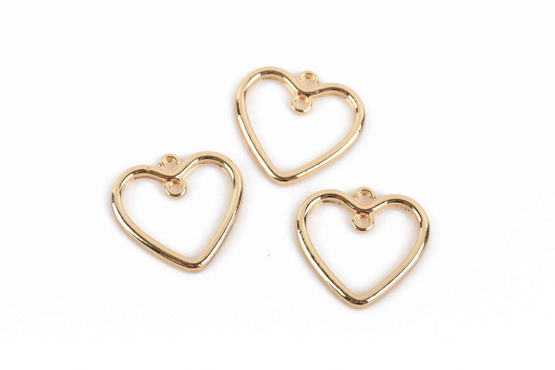 5 Gold Plated HEART Charms, 2-Hole Connector Links, Open Wire Heart Charms, 21mm, chs2973