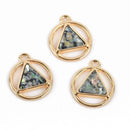 3 Gold Plated ARROWHEAD CIRCLE Hollow Geometric Pendant Charms, dark chatoyance imitation opal resin, gold plating, 17mm dia, chg0556