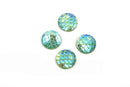 10mm MERMAID FISH Scale Cabochons, Round Resin Metallic, Green AB iridescent,  10 pieces, 3/8"  cab0405