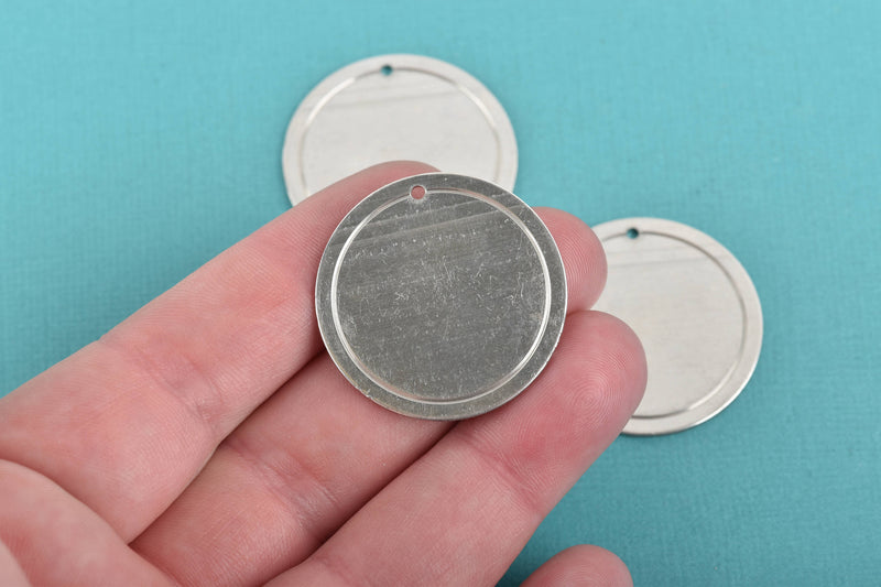 5 Alkeme™ Border Circle Disc Charm, silver metal stamping blanks, 32mm (1-1/4") 18 gauge msb0435