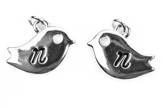 Monogram N Silver plated BIRD lower case letter charm, personalized alphabet monogram, double sided charm, 16x12mm, chs2507
