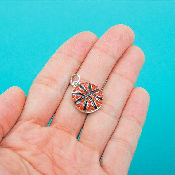2 Rhinestone Silver and Enamel BASKETBALL Charm Pendants chs0109