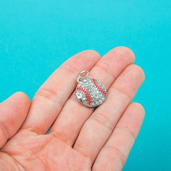 2 Rhinestone Silver and Enamel BASEBALL Charm Pendants chs0110
