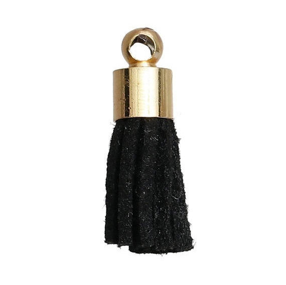 10 Tiny MIDNIGHT BLACK Velvet Suede Tassel Charm Pendants, gold-plated base 17mm long, cho0171