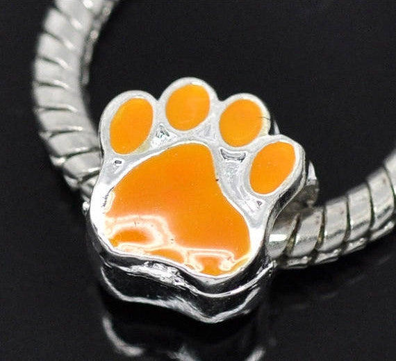 2 Silver Metal and Enamel ORANGE PAW Print Charm European Bead for large hole European chains  bme0235