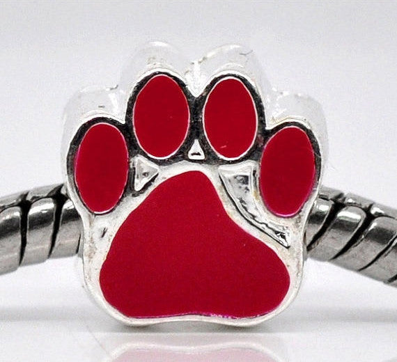 2 Silver Metal and Enamel RED PAW Print Charm European Bead for large hole European chains  bme0236