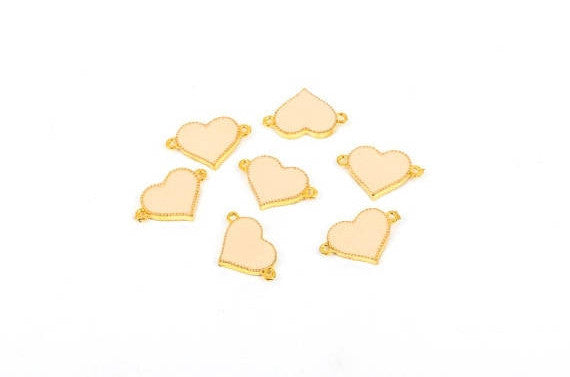 2 Pale PEACH and GOLD Heart Enamel and Metal Connector Charms.  che0136