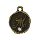 4 pcs Letter M Monogram Wax Seal Bronze Charm Tags, with crystal rhinestone, 3/8"  chb0336