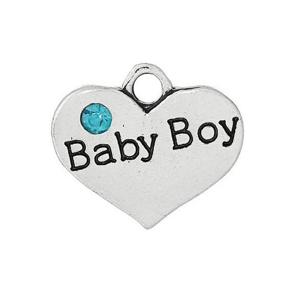 1 Antique Silver Sky Blue Rhinestone "Baby Boy" Heart Charm Pendant 16x14mm  chs1396a