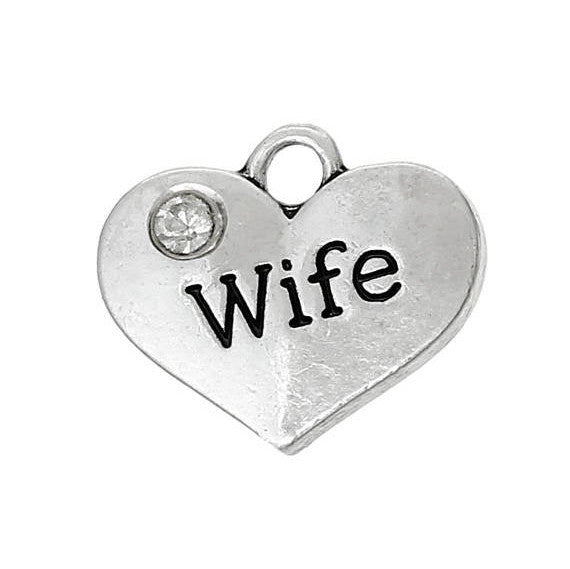 1 Antique Silver Rhinestone "Wife" Heart Charm Pendant 16x14mm  chs1338a