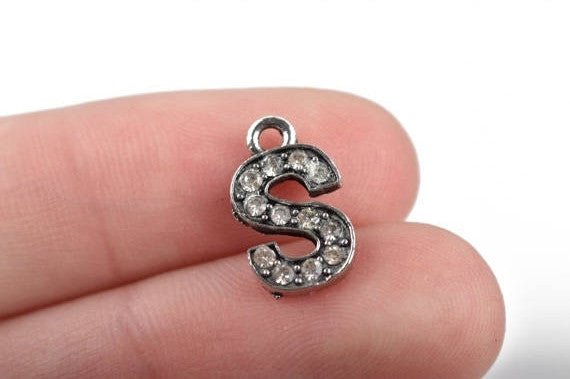 4 Letter S Monogram Initial Letter Charms, Rhinestones embedded in silver metal, 15mm (5/8")  chs2642