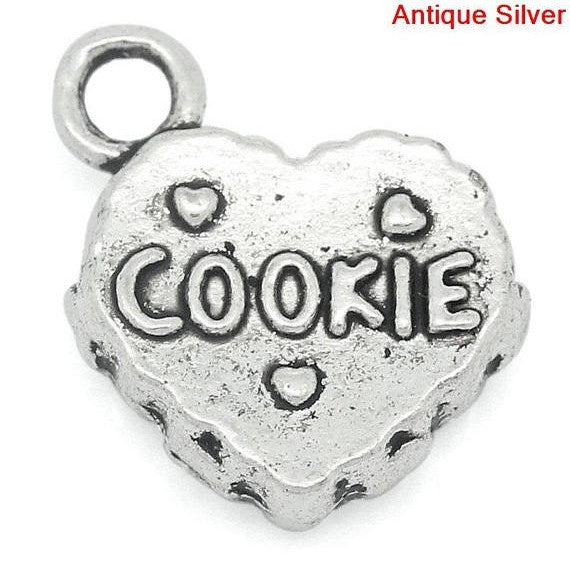 10 Silver Pewter Double HEART COOKIE  Baking Charm Pendants chs1060