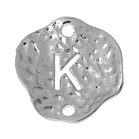 5 Silver letter K connector Charms, Monogram K Charms, Alphabet K, hammered metal, 1/2" diameter domed connector links, findings, chs2258