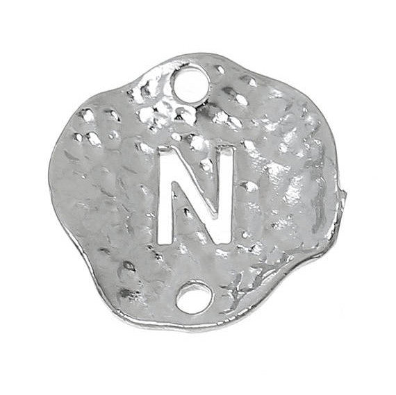 5 Silver letter N connector Charms, Monogram N Charms, Alphabet, hammered metal, 1/2" diameter domed connector links, findings, chs2367