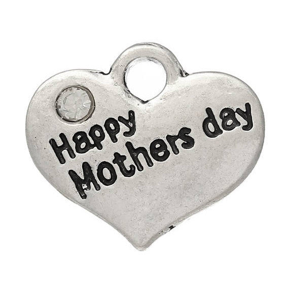 1 Antique Silver Rhinestone "Happy Mother's Day" Heart Charm Pendant 16x14mm chs2296a