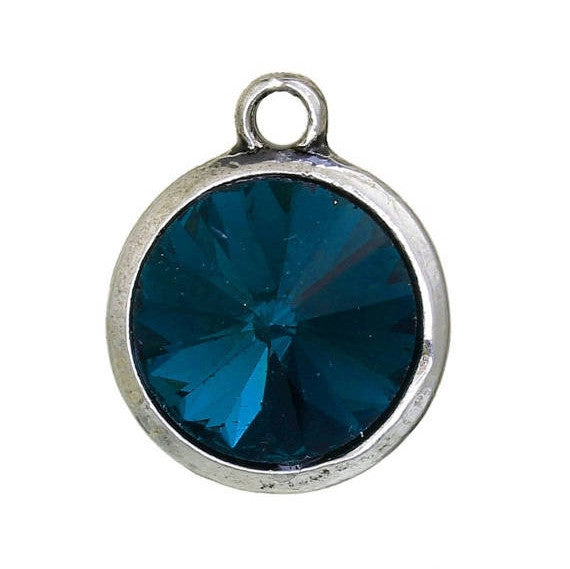 2 Zircon Blue Rivoli Charms, Crystal Glass in Silver Bezel, 21x17mm, chs2698