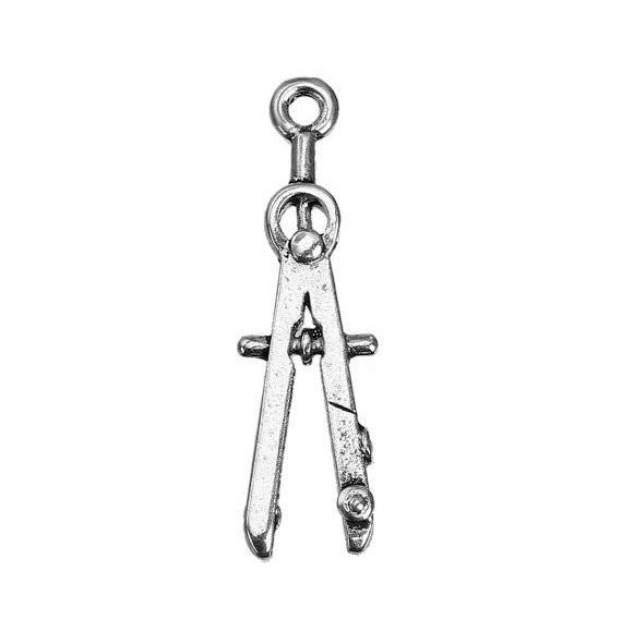 10 PENCIL COMPASS School Charms, antique silver tone metal pendants, drafting architect and drawing pendants, 29mmx8mm chs2780