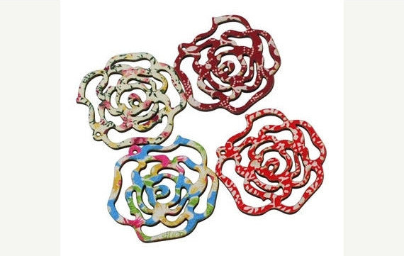 4 Batik Large Wood and Fabric Laser Cut Cutout Rose Findings 2" diameter mixed designs cho0065