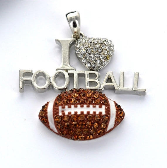 1 Large Rhinestone I LOVE Football Pendant . brown crystals, white enamel, silver base chs0468