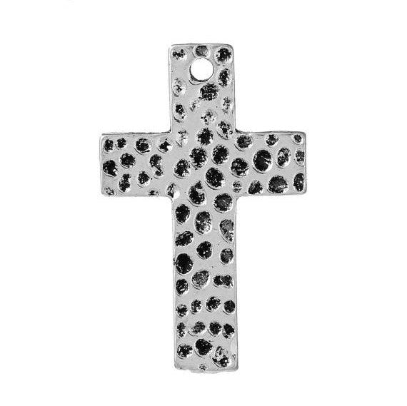 5 SILVER CROSS Religious Pendant Charms, religious charms, Hammered Metal textured cross pendant, 1-1/8" tall,  chs2241a