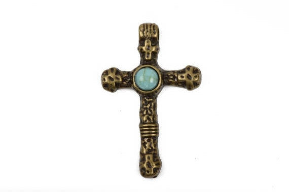 2 Bronze and Turquoise CROSS Pendants, bronze base with turquoise cabochon, rustic metal, 40x25mm, chb0437