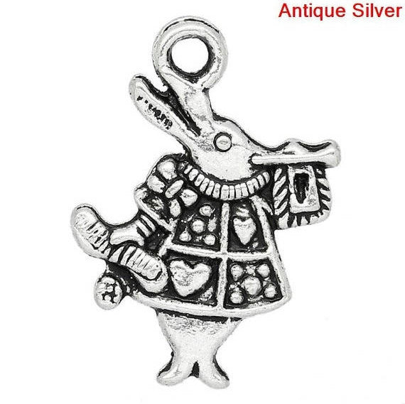 8 Antique Silver Tone ALICE in WONDERLAND White Rabbit Charms Pendant Findings 19x14mm  chs0825