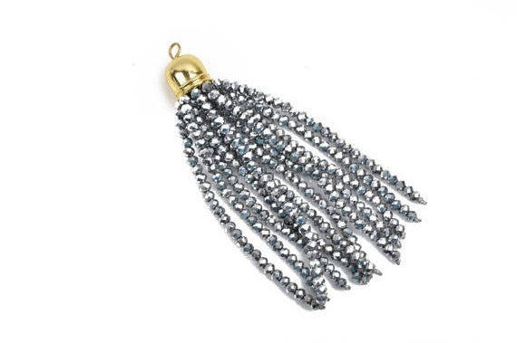 Crystal Bead Tassel Charm Pendant, SILVER METALLIC crystals with Gold cap, about 3" long chg0568