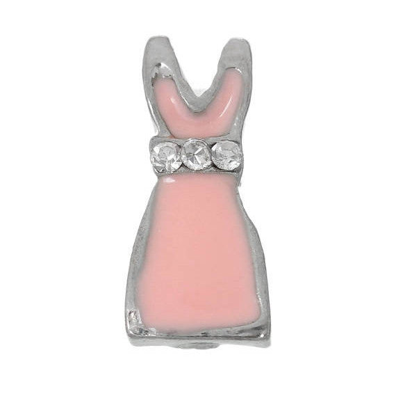 4 LITTLE PINK Dress Floating Charms for Memory Lockets, rhinestones and black enamel, che0419