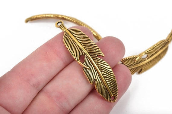 5 FEATHER Bracelet Connector Links, GOLD oxidized metal charms, curved bracelet charms, 57x15mm, 2-1/4" long chg0454