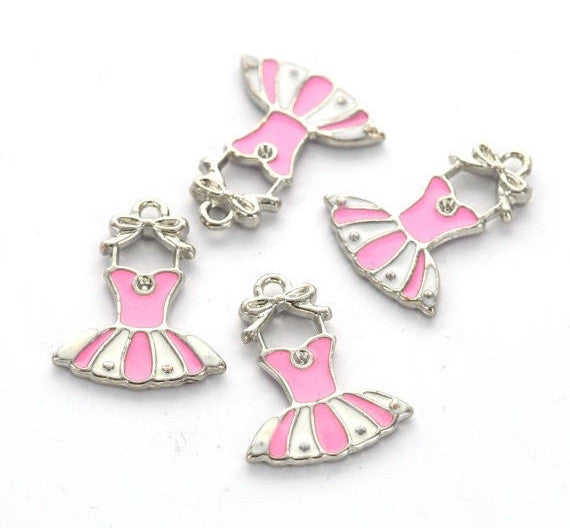 4 Pink Enamel BALLERINA DANCER Ballet Tutu Silver Metal Charms. 19x17mm. Che0026