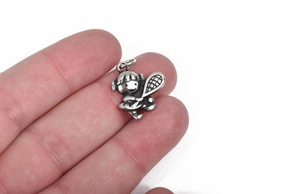 2 Stainless Steel TENNIS PLAYER Racket Charm Pendant, racquetball lacrosse girl sports athlete, 20x18mm, chs2821