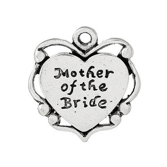 10 Silver MOTHER of the BRIDE Charm Pendants, Heart Charms, chs2312
