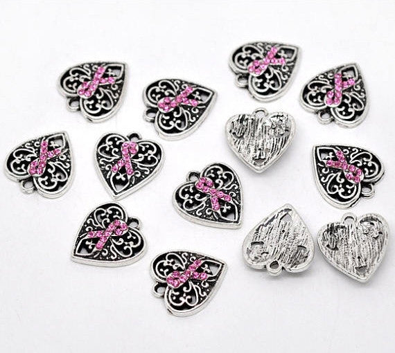 4 Silver Tone Pink Rhinestone Ribbon Breast Cancer Awareness Heart Charm Pendants 16x14mm  chs0709