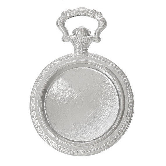 2 Silver Tone Round Filigree Pocketwatch Style Cabochon Setting Charm Pendant Blanks (Fits 20mm cabs)  chs1342