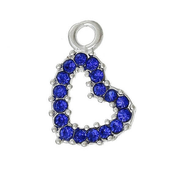 4 Silver BLUE Rhinestone Heart Charm Pendants, 3/4"  chs1668