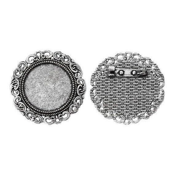 20 bulk Antiqued Silver Circle Round Brooch Pin with Filigree Bezel Cabochon Tray, 1" Bezel Tray (fits 25mm), pin blanks, pin0091b