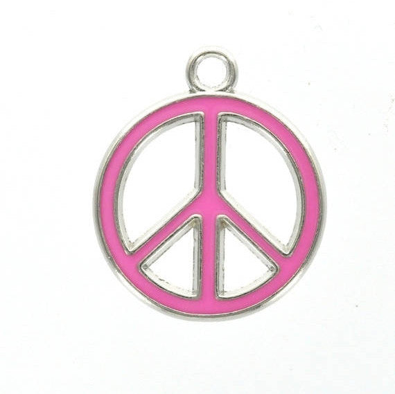4 Pink Enamel PEACE Sign Metal Charm Pendants. CHE0038