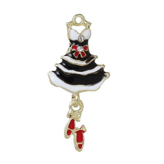 5 BALLET TUTU Dress Charm Pendants, movable charm, Gold Plated with enamel and rhinestone accents, black red white, chg0337