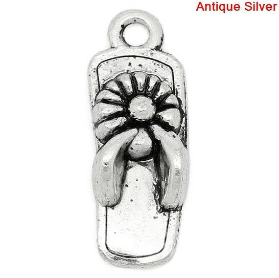 10 Antique Silver FLOWER FLIP Flop Sandal Charm Pendants  chs1339