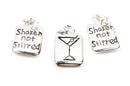 1 Silver Plated Martini Glass "Shaken not stirred" Charm with one Rhinestone double sided, stamped, chs1913