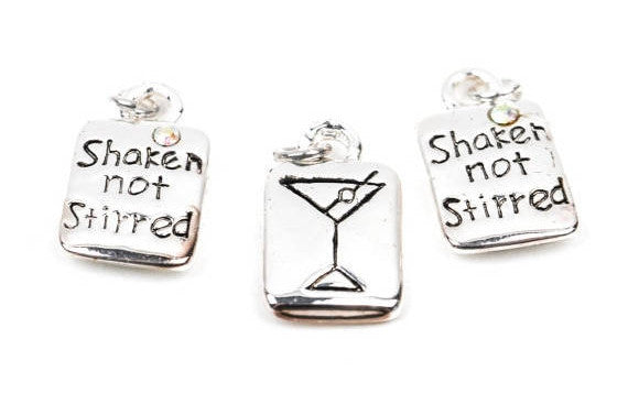 1 Silver Plated Martini Glass "Shaken not stirred" Charm with one Rhinestone double sided, stamped, chs1913