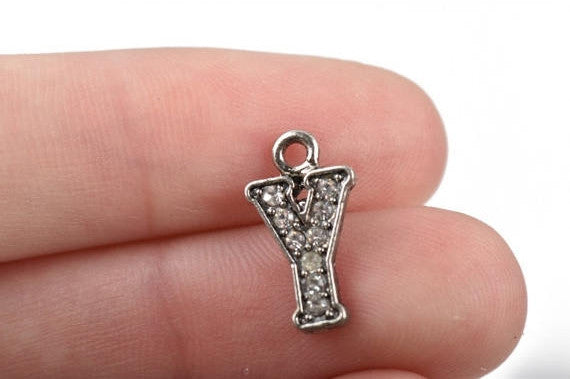 4 Letter Y Monogram Initial Letter Charms, Rhinestones embedded in silver metal, 15mm (5/8")  chs2649