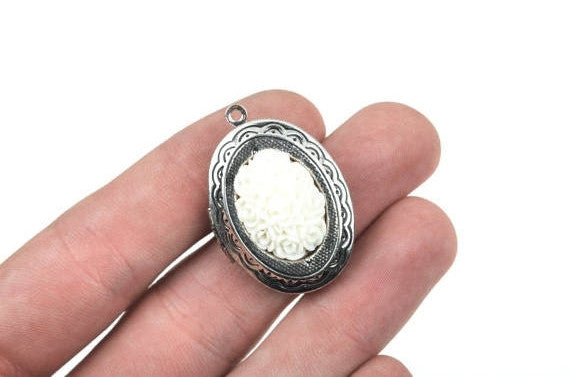 1 Silver Tone Oval Photo Frame Locket Pendants with IVORY Flower Cameo Cabochon, 34x24mm chs2121