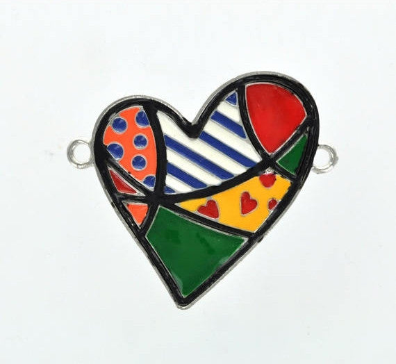 Large Silver and Enamel Patchwork Quilt HEART Connector . che0197