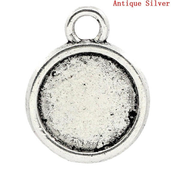 10 Two-sided bezel tray charms (fits 11mm round cabochons) pendants, antique silver, chs2250