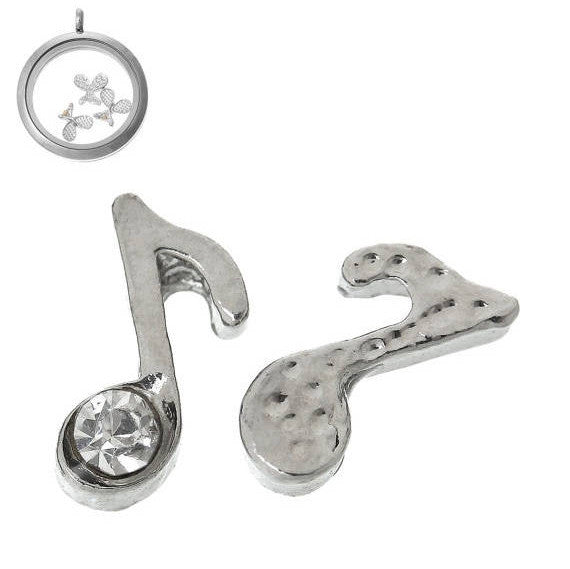 4 Silver MUSIC NOTE Rhinestone Floating Charms for Memory Lockets, silver tone metal, crystals, chs1657