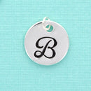Stamped Monogram Letter " B " CIRCLE Tag Charm . Silver Plated 19mm (3/4") chs1487