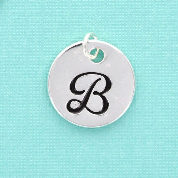 Stamped Monogram Letter " B " CIRCLE Tag Charm . Silver Plated 19mm (3/4") chs1487