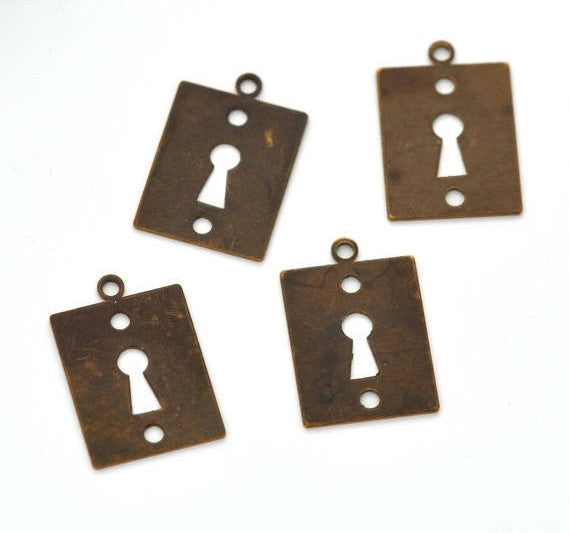 4 VINTAJ Key Hole Lock Charm Pendants, natural brass . chb0270