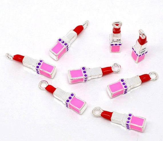 2 Silver Plated and Enamel 3D Lipstick Metal Charms. CHE0027